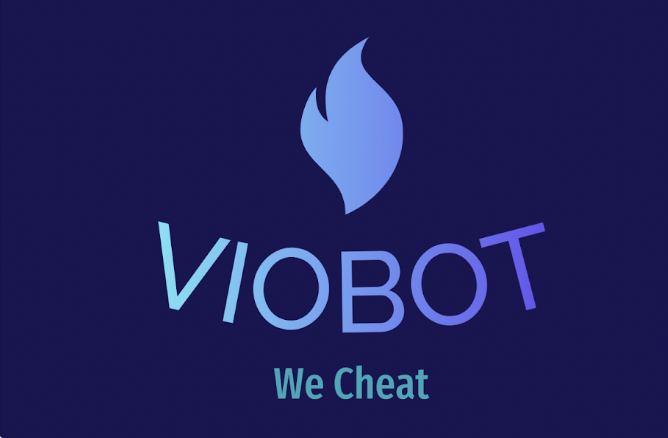 dark blue backgound with a lighter blue fire logo in the middle with brand name called Viobot. Slogan is We Cheat.