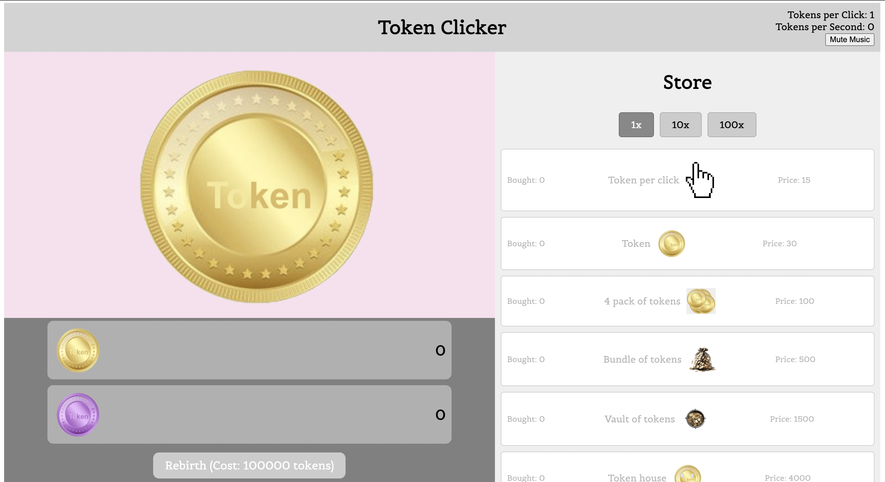 the homepage of the token clicker.